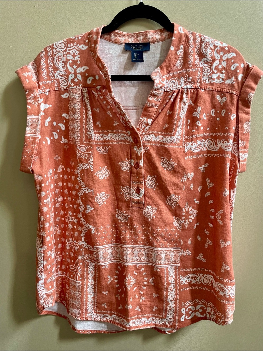 RACHEL Rachel Roy Bandana Paisley Linen Blend Blouse Terracotta Orange Top Sz S